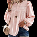 Bohemian Light Pink Blouse - Women's L Round Neck Long Sleeves with Lace Detail