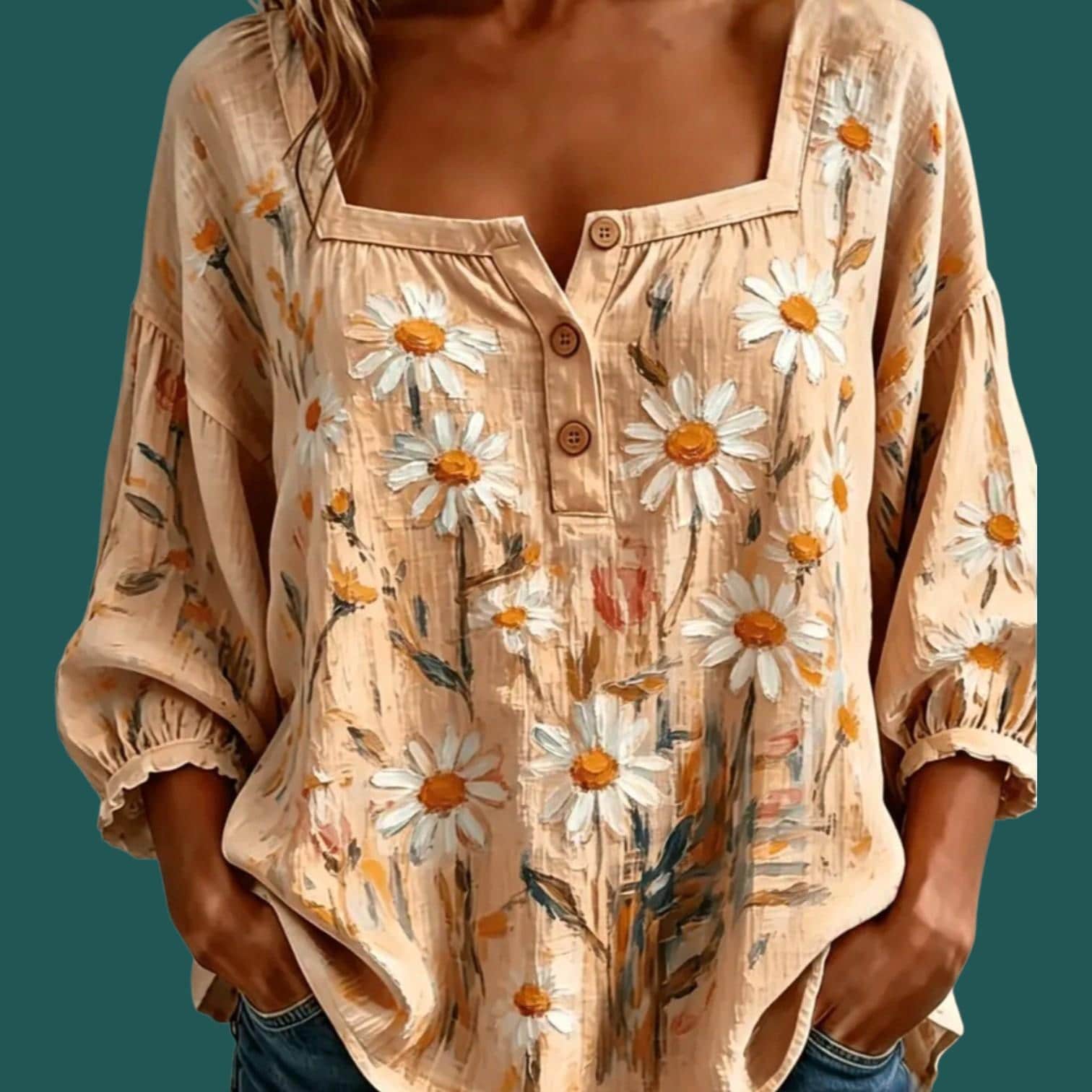 JUST ARRIVED  Boho Peach Casual Babydoll Blouse with 3/4 Sleeves-Size: (L)