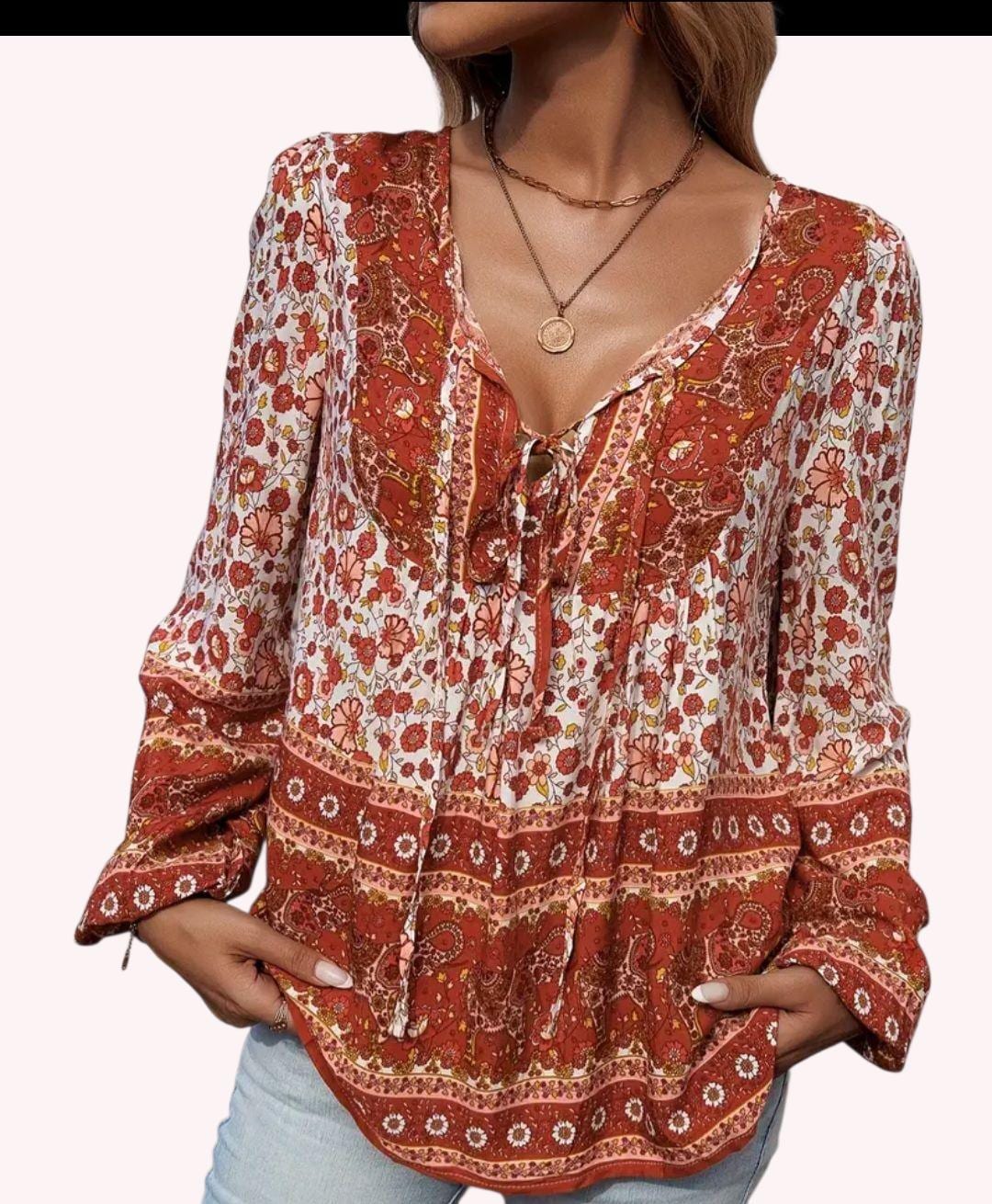 Boho Multicolor Flowy Blouse – Long Sleeves, V-Neck with Ties – Elegant Bohemian Style – Size L