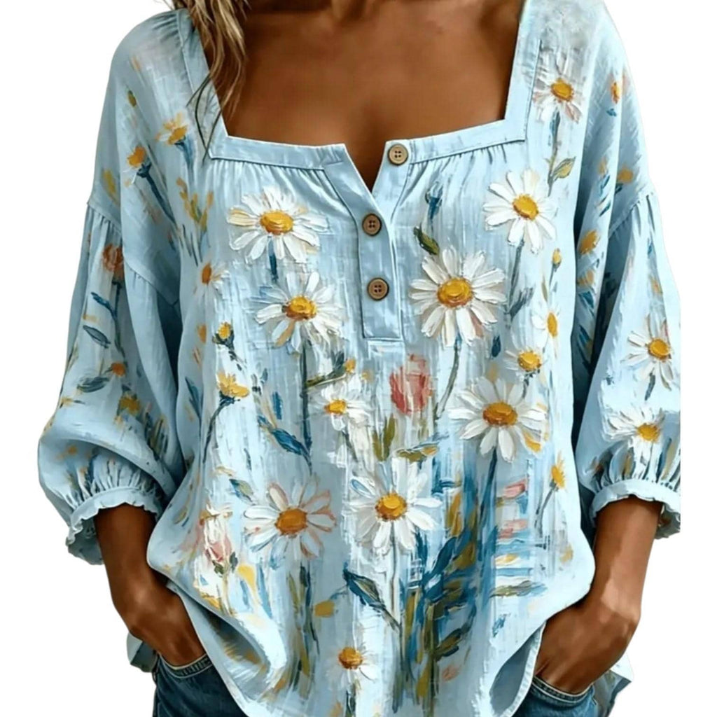 Women's Blue Daisy Boho Blouse – Square Neck, 3/4 Sleeve, Relaxed Fit – Size XL