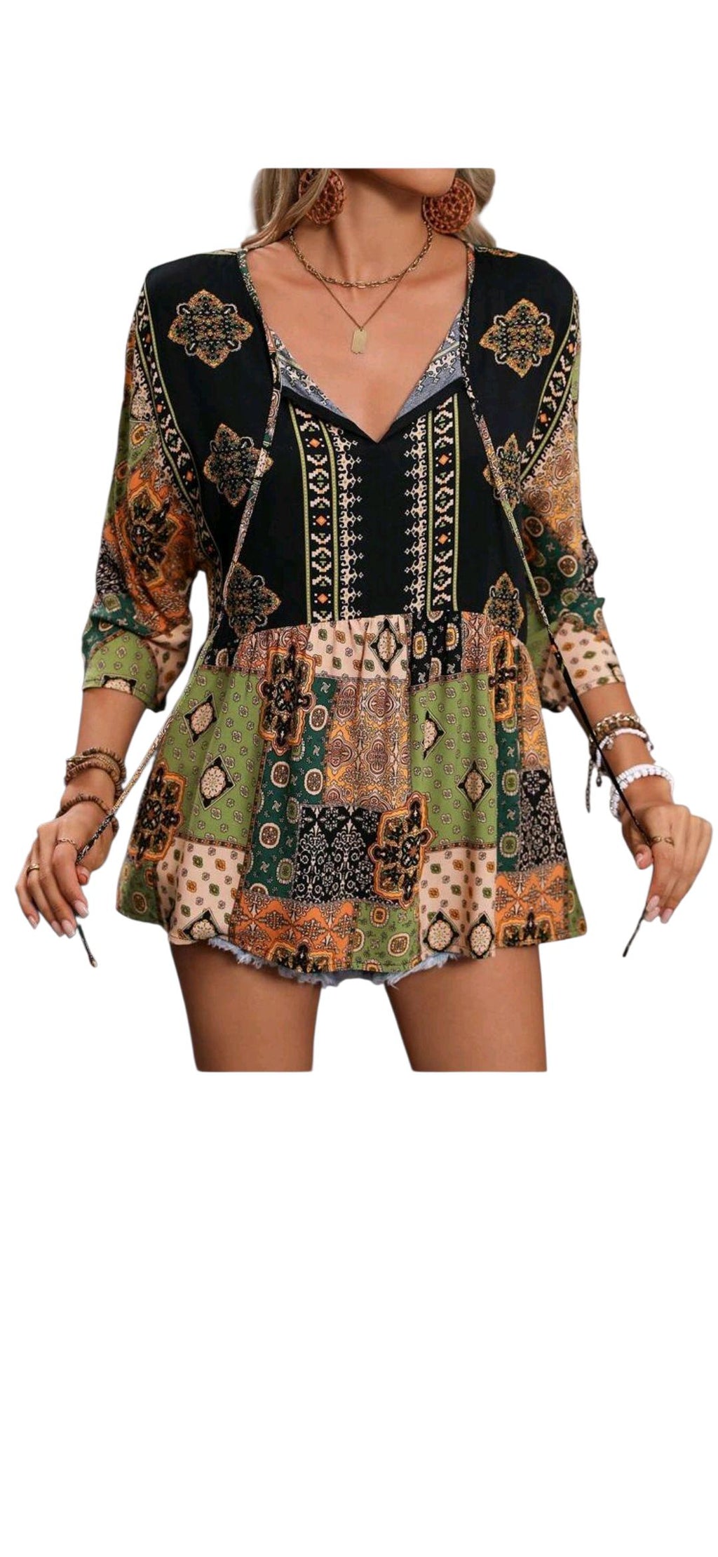 Bohemian Patchwork Peplum Tunic – V-Neck with Lace-Up Ties, 3/4 Sleeves – Size M