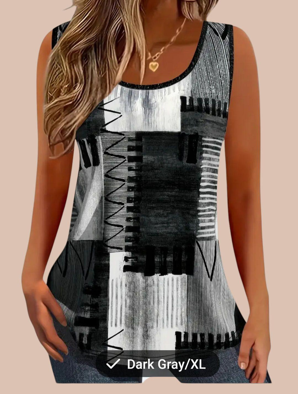 Black & White Boho Monochrome Tunic – Sleeveless Geometric Print, Elegant Bohemian Style – Size L