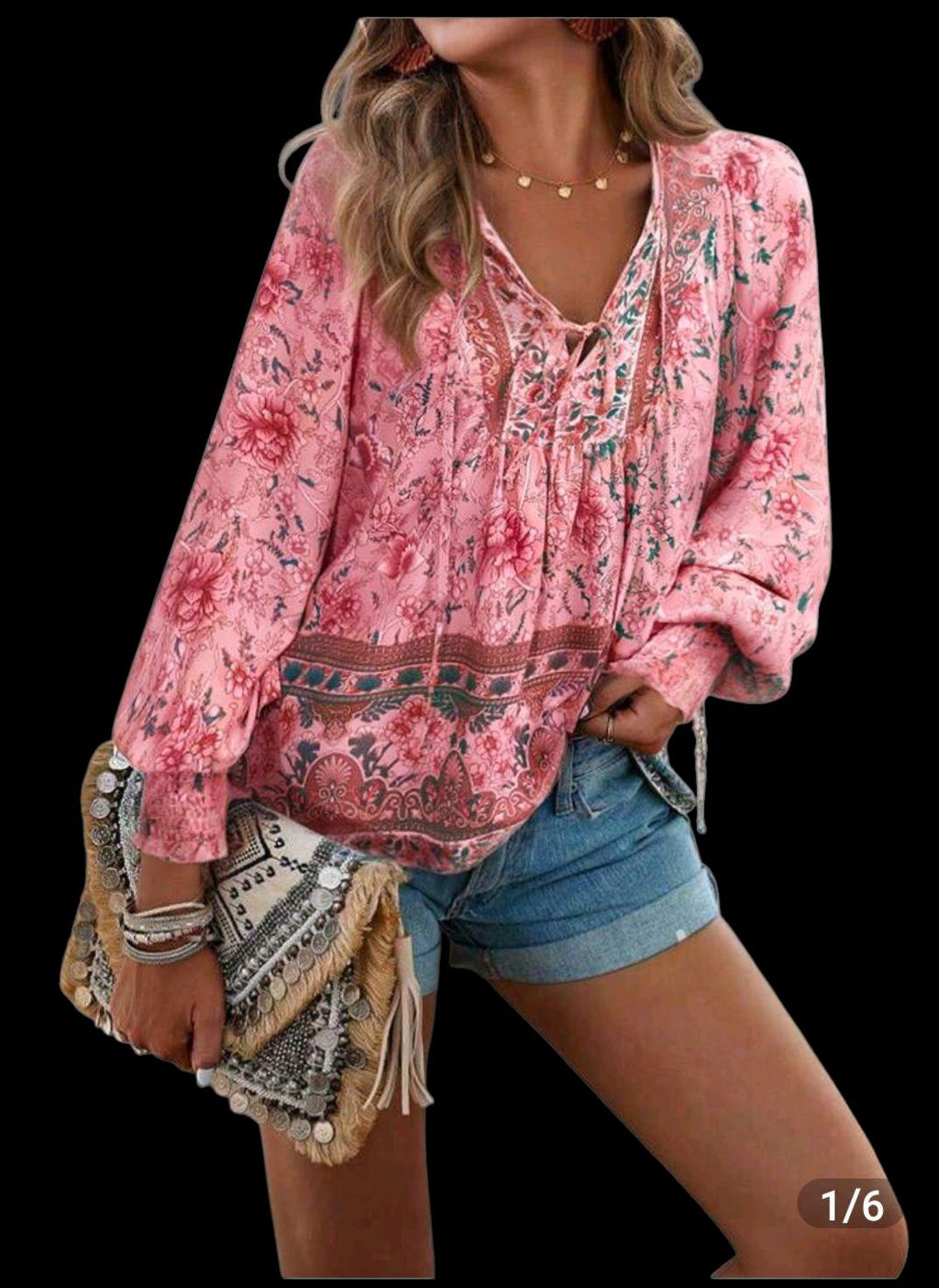 Women's Boho Pink Tunic Blouse | V-Neck Long Sleeve Flowy Top – Size XXL