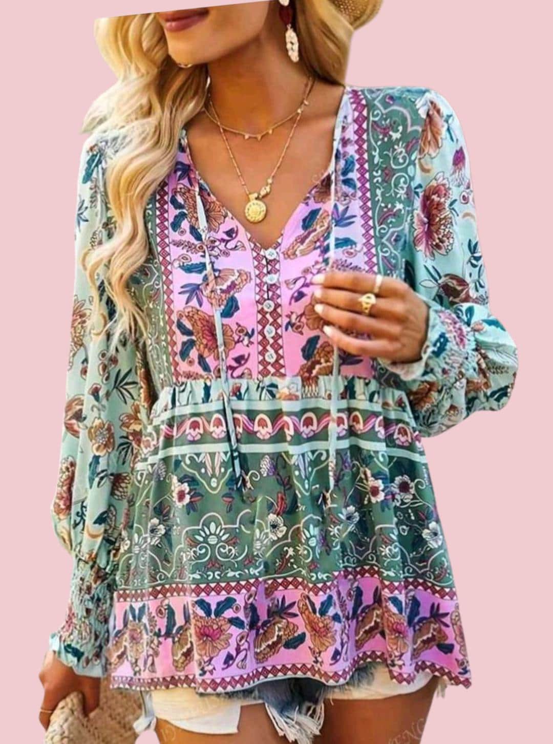 Women's Boho Pink & Blue Floral Tunic Top | Long Sleeve V-Neck with Tassels – Size XL