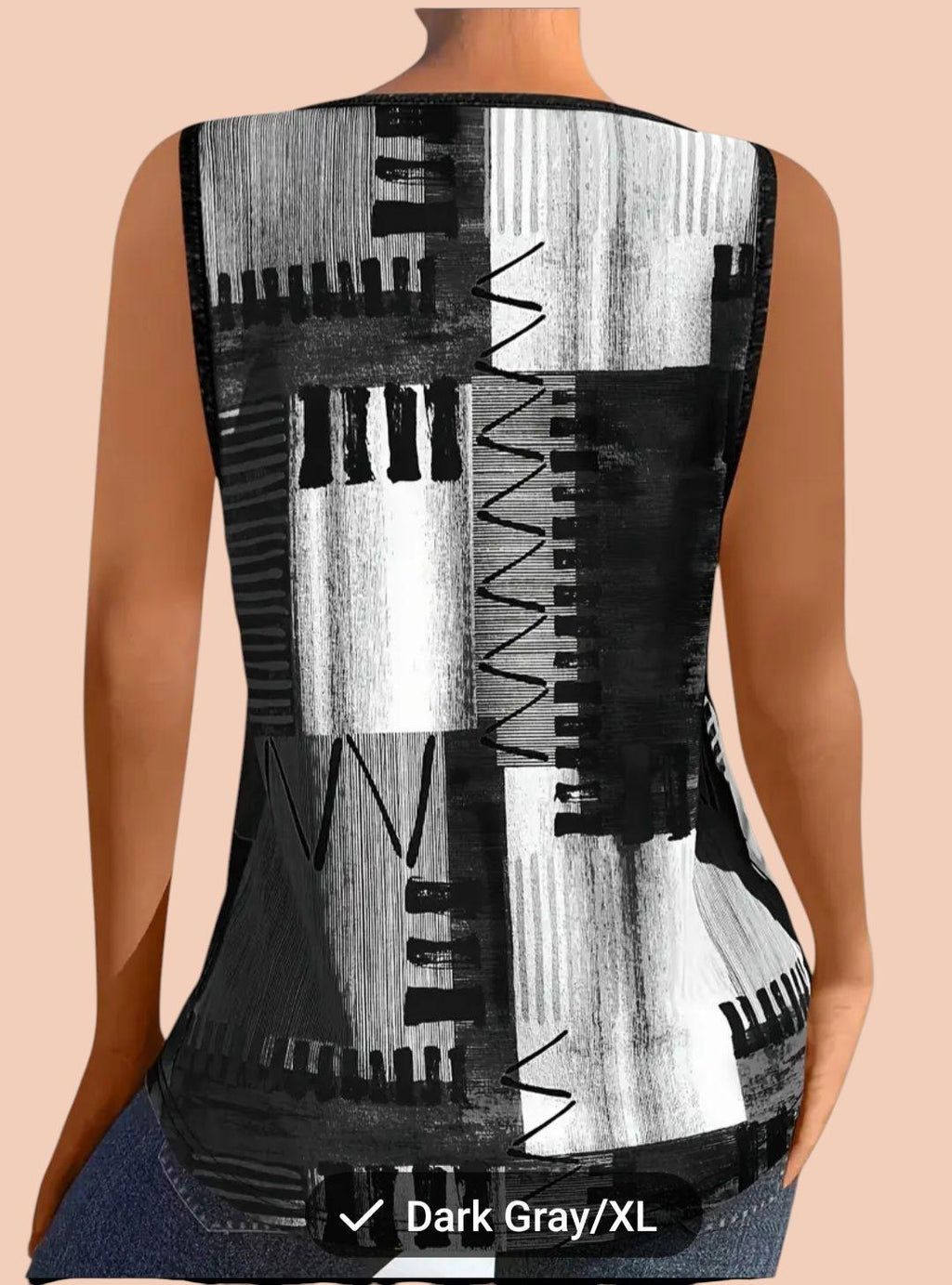 Black & White Boho Monochrome Tunic – Sleeveless Geometric Print, Elegant Bohemian Style – Size L