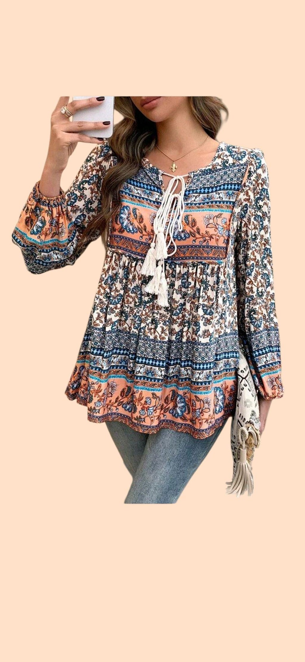 Boho (M) Blue with Peach Flowy, Long Sleeves Blouse with Tassel Ties.