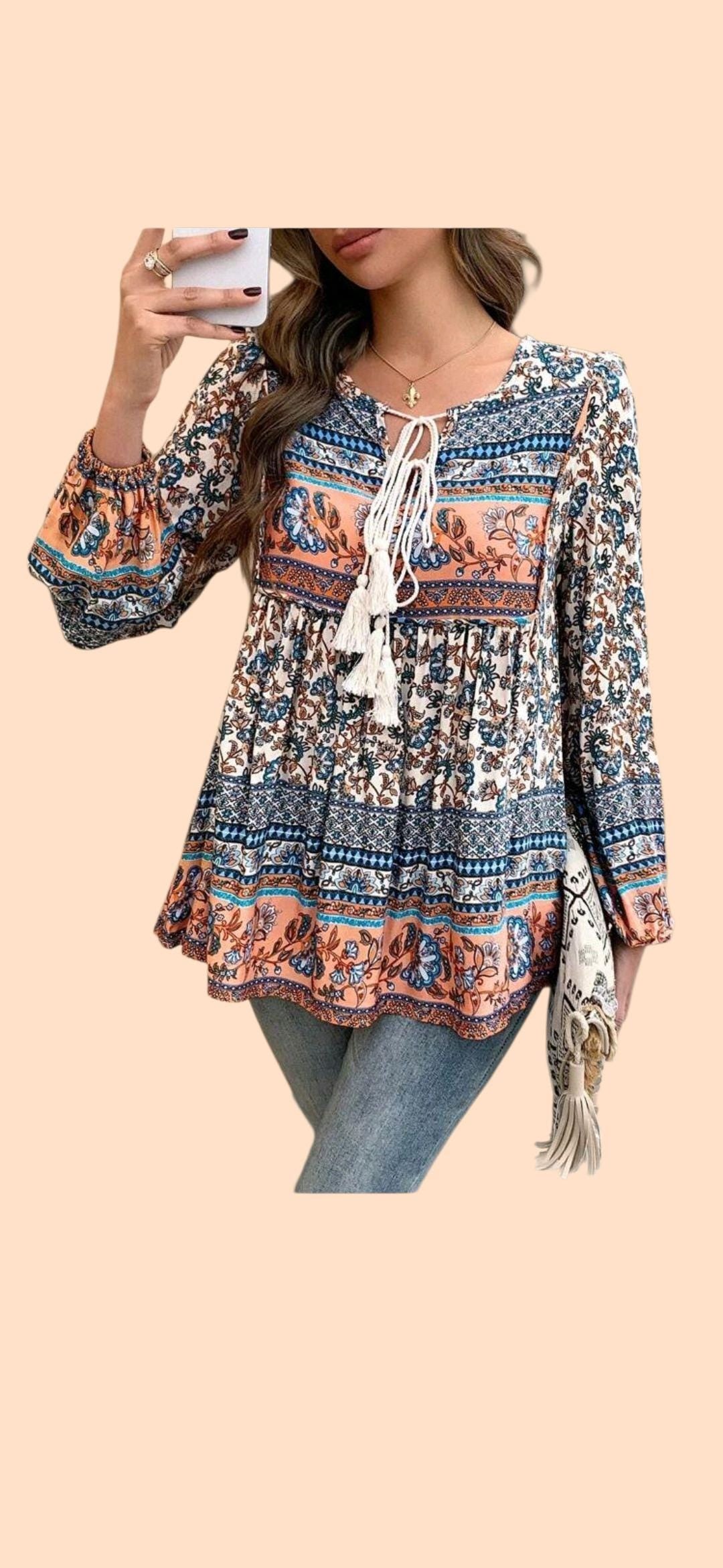 Boho (M) Blue with Peach Flowy, Long Sleeves Blouse with Tassel Ties.