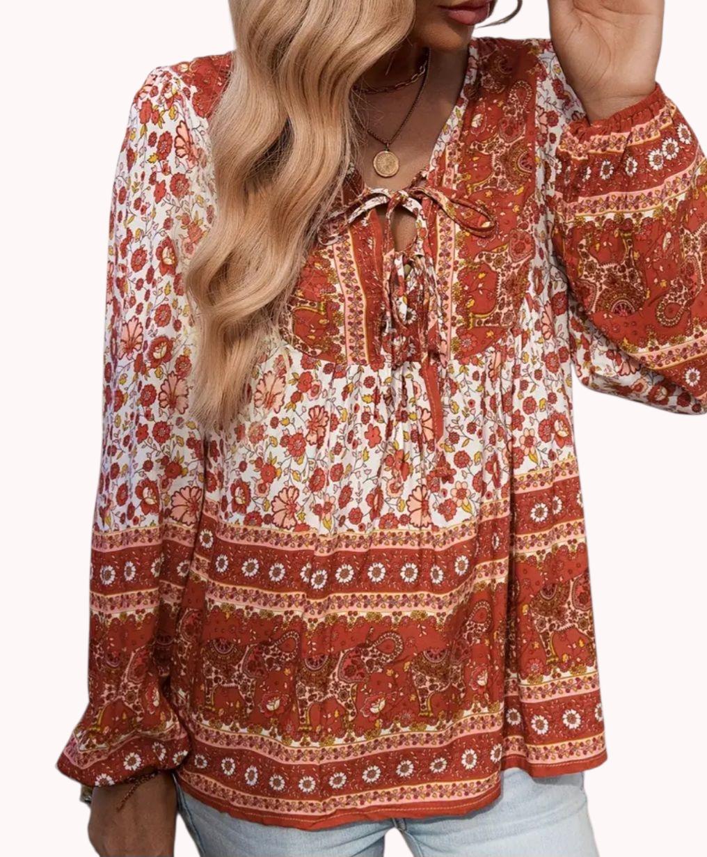Boho Multicolor Flowy Blouse – Long Sleeves, V-Neck with Ties – Elegant Bohemian Style – Size L