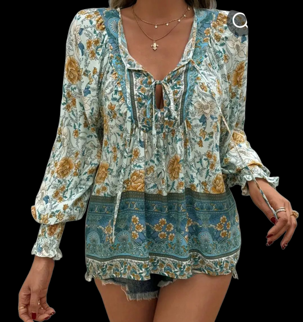 Women's Boho Blue Floral Blouse | V-Neck Flowy Top with Ties – Size XXL