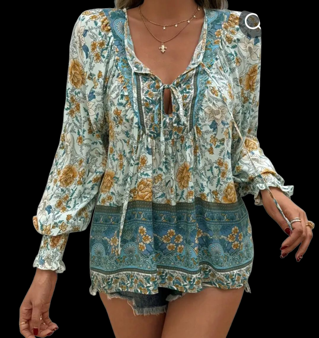 Women's Boho Blue Floral Blouse | V-Neck Flowy Top with Ties – Size XXL