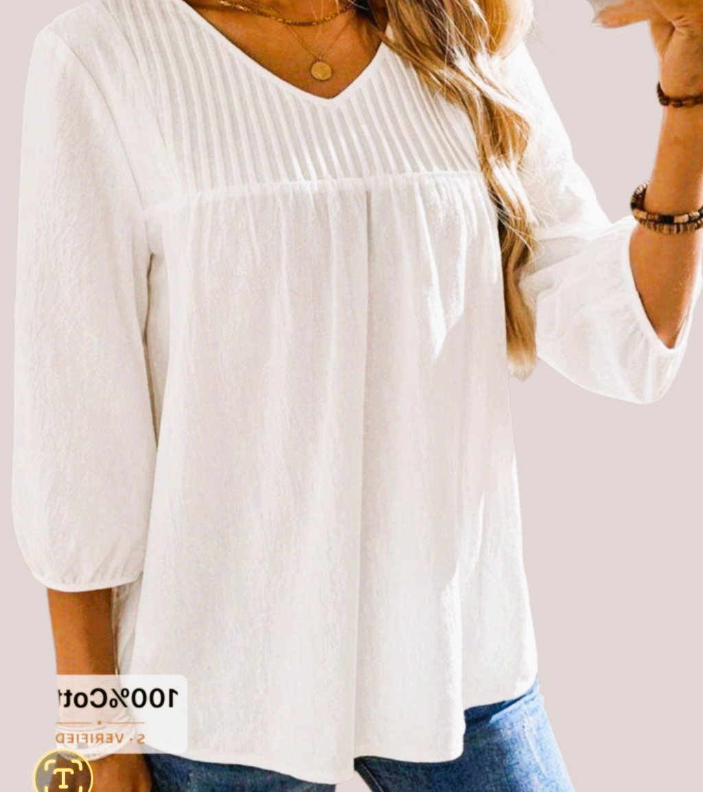 Bohemian Top, Flowy Feminine Blouse with Pleated V-Neckline- (XL)
