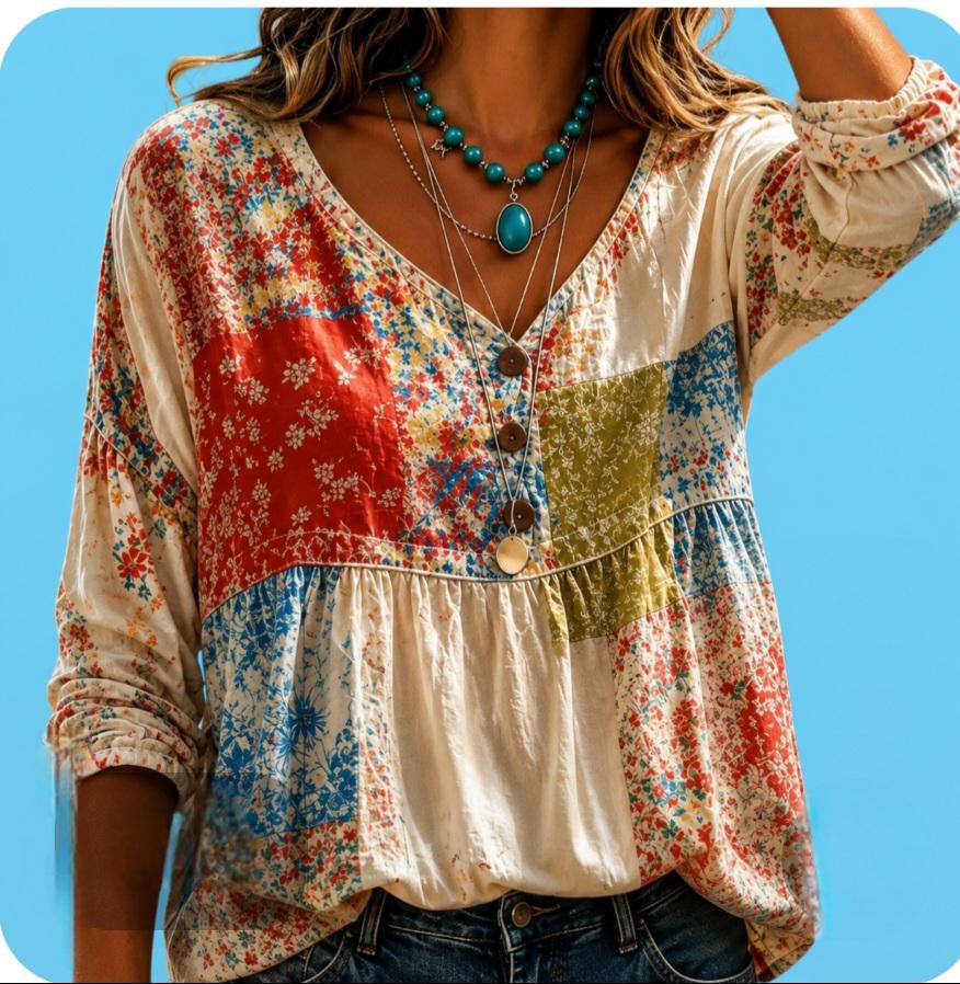 Boho Floral Flowy Blouse | Cottagecore Peasant Top | Vintage Inspired Bohemian Shirt – Size S