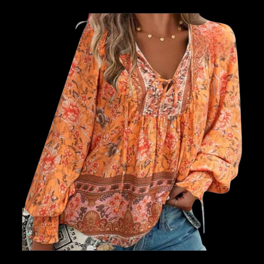 Bohemian Tangerine Dream Blouse - Women's M V-Neck Long Sleeve Flowy Top