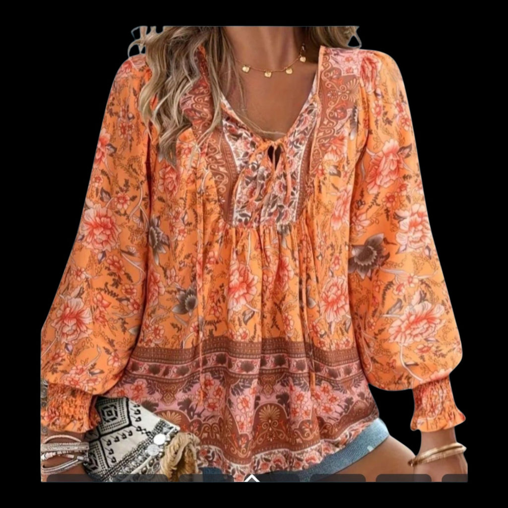 Bohemian Tangerine Dream Blouse - Women's M V-Neck Long Sleeve Flowy Top