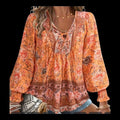 Bohemian Tangerine Dream Blouse - Women's M V-Neck Long Sleeve Flowy Top