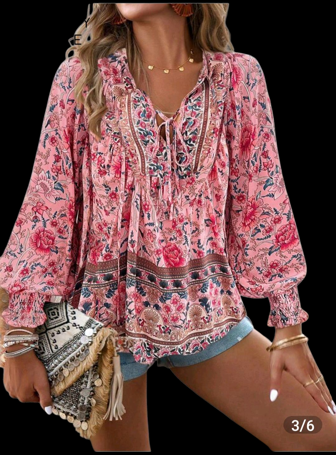Women's Boho Pink Floral Tunic Top | Relaxed V-Neck Long Sleeve – Size XL
