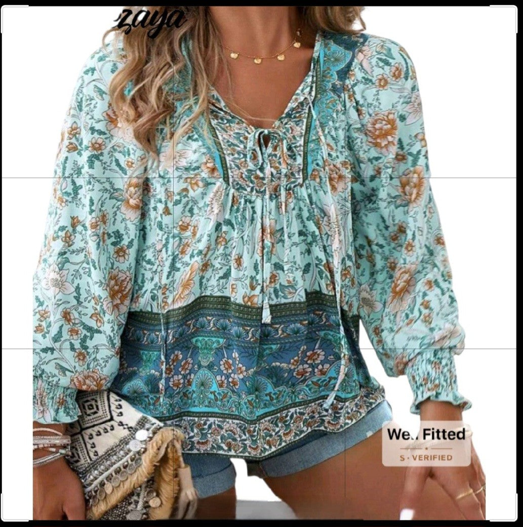 Women's Boho (L) Top - 70's Hippie Style Blouse- Casual V-neck with Ties-