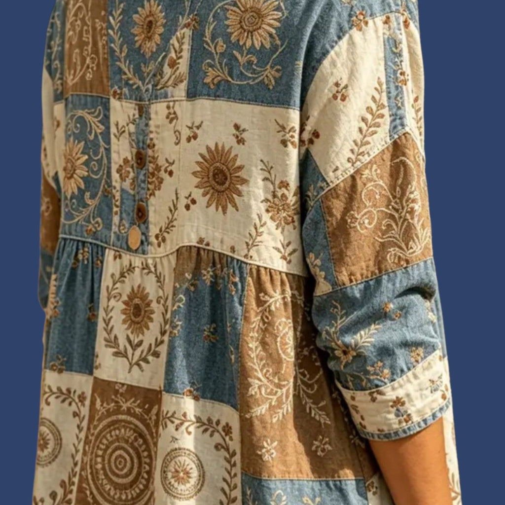 Women's Boho Floral Patchwork V-Neck Blouse | 3/4 Sleeve | Size XL