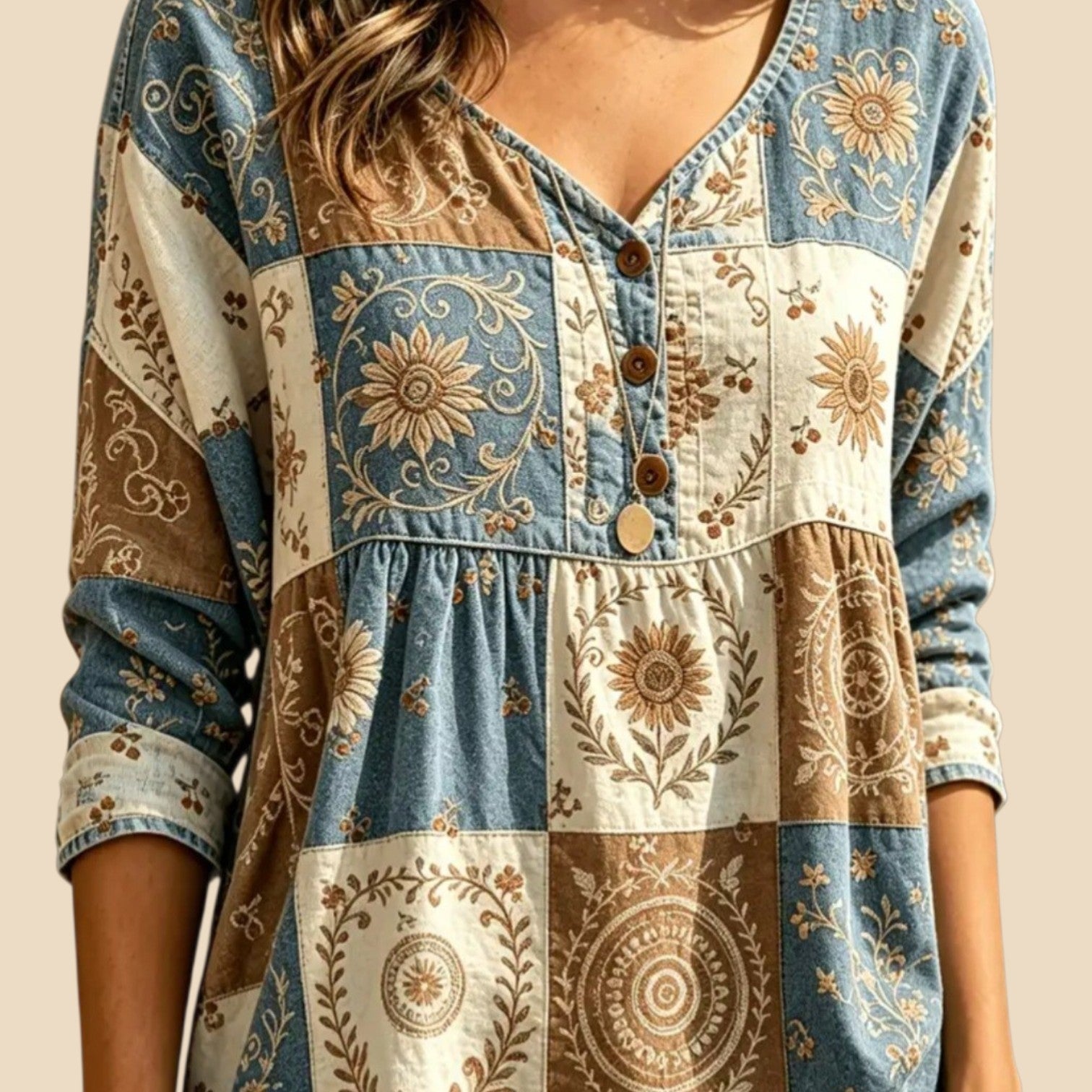 Women's Boho Floral Patchwork V-Neck Blouse | 3/4 Sleeve | Size XL