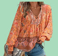 Women's Boho Blouse – Orange Floral Long Sleeve Top, Flowy Hippie Style | Size XL