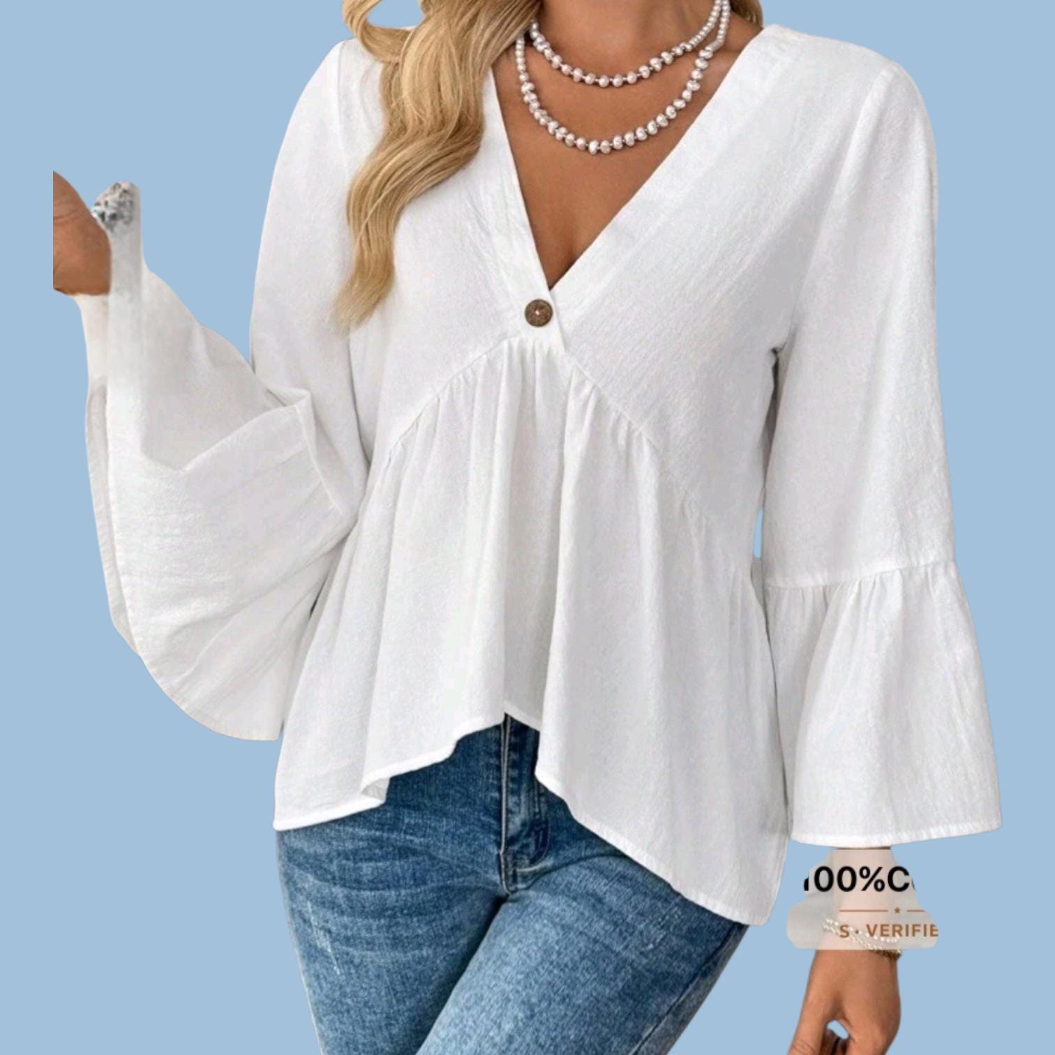 Boho 100% Cotton White V-Neck Flowy Top – Hippie Loose Fit – L