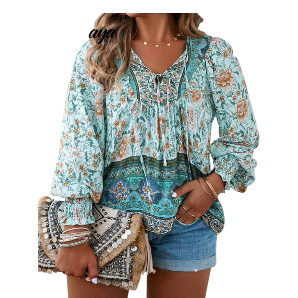 Women's Blue Boho Blouse | V-Neck Long Sleeve with Ties | Size XL