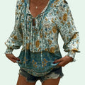 Women's Boho Green Floral Blouse | V-Neck Long Sleeve with Ties – Size L