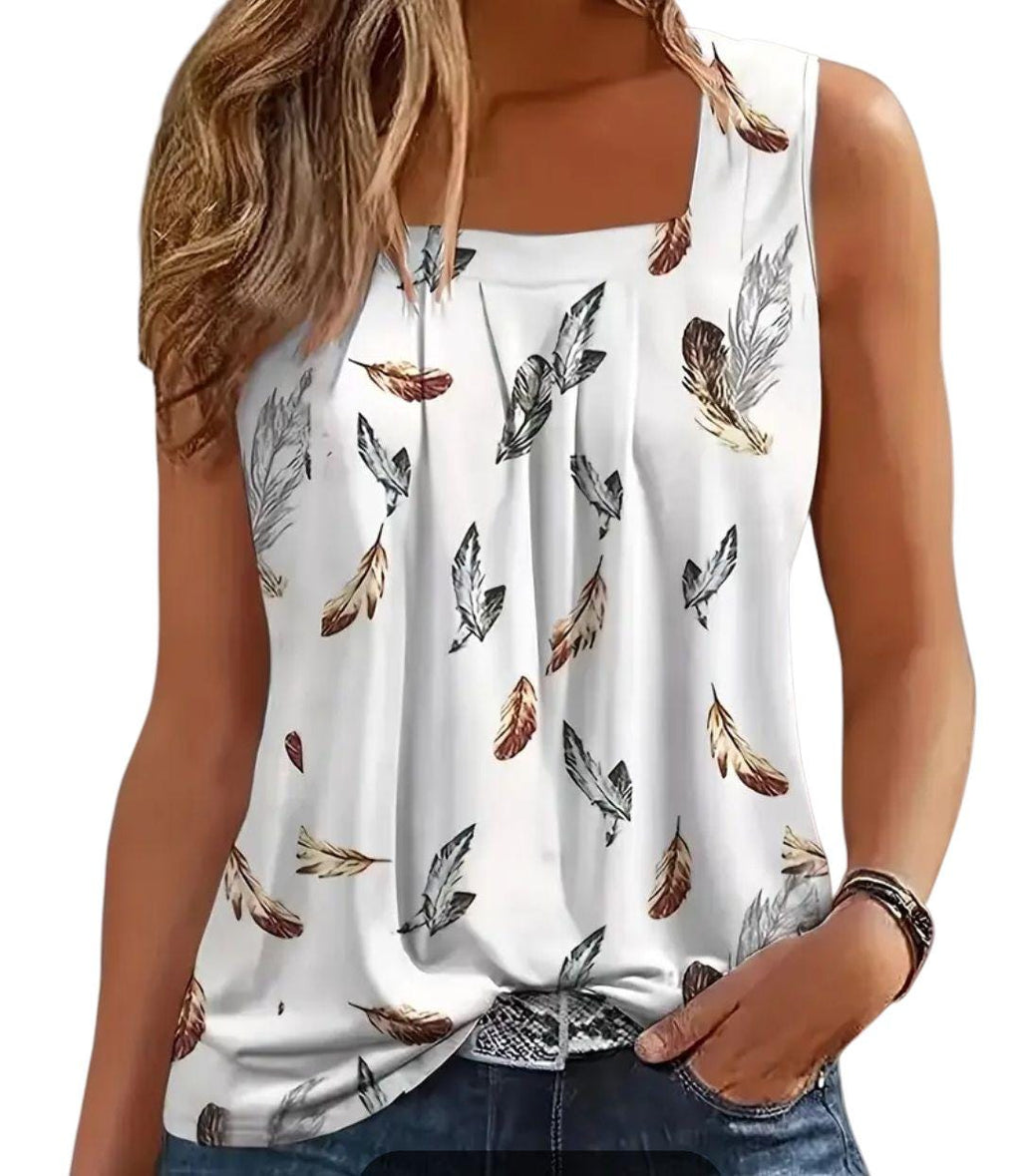 Boho (1XL) Women's Feather Design Henley Top Loose Sleeveless Hippie 70's Style