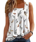 Boho (1XL) Women's Feather Design Henley Top Loose Sleeveless Hippie 70's Style