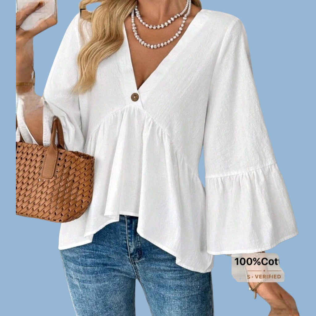 Boho 100% Cotton White V-Neck Flowy Top – Hippie Loose Fit – L