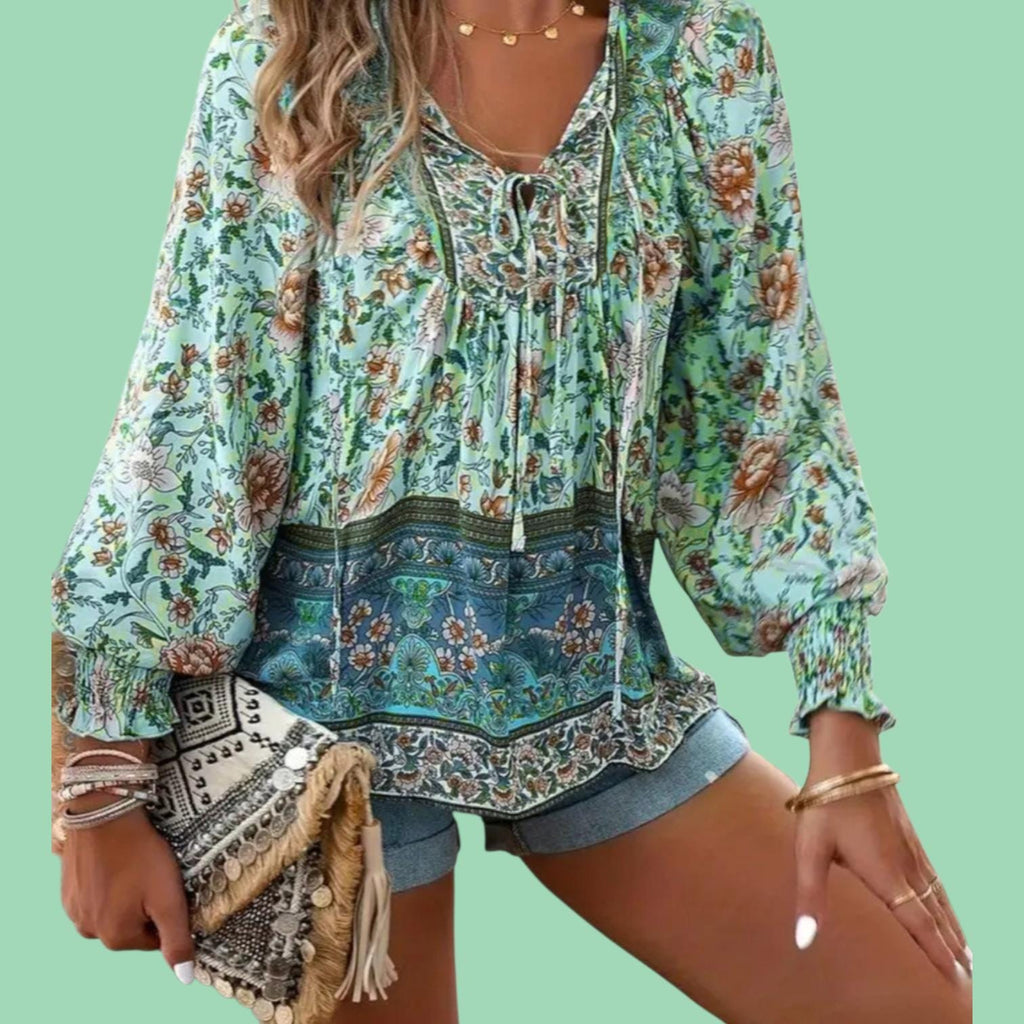 Green Boho V-Neck Blouse – Flowy Long Sleeve with Tie Closure, Elegant Bohemian Style – Size L