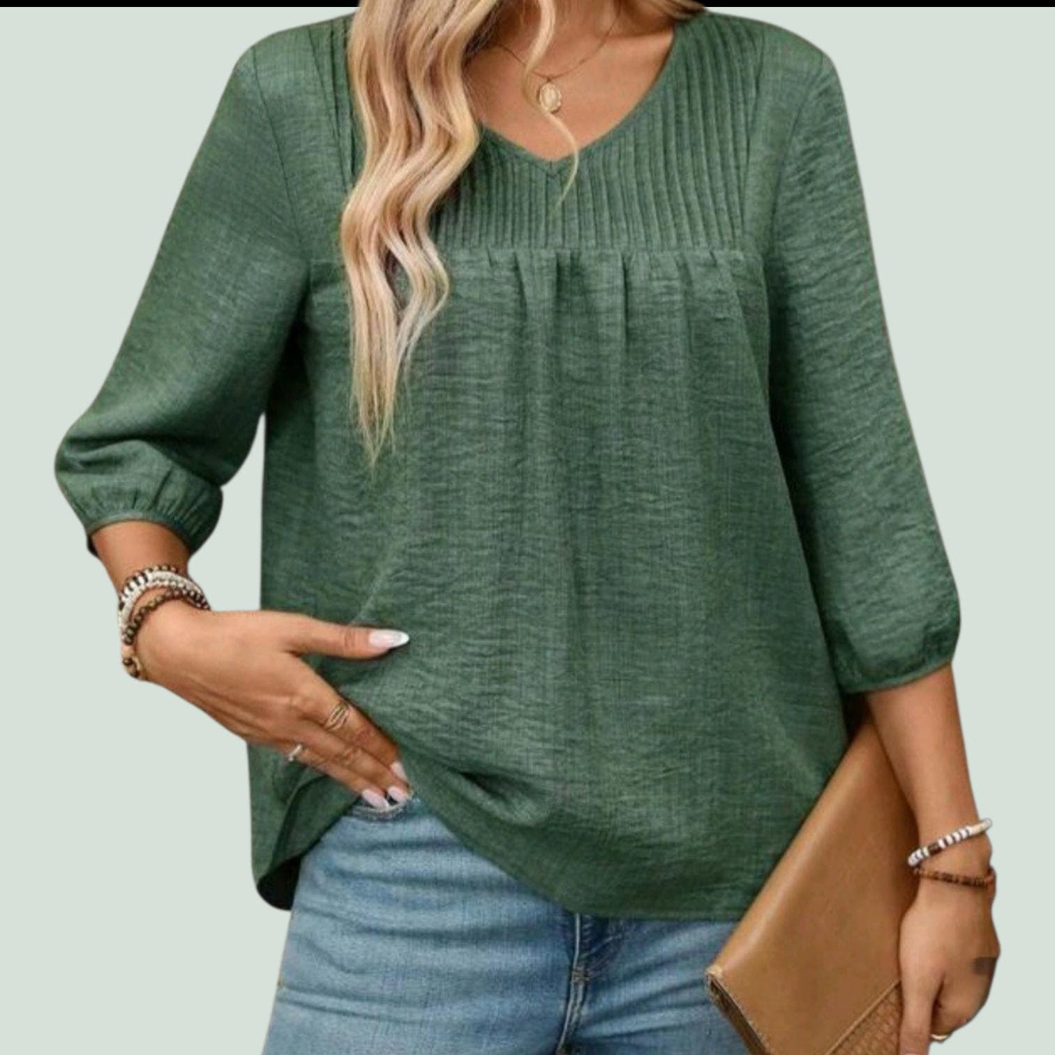 Green Boho Blouse with Pleated Bodice – Flowy V-Neck, Elegant Bohemian Style – Size XL