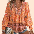Orange Boho Blouse – Flowy V-Neck, Long Sleeves – Elegant Bohemian Style – Size XXL