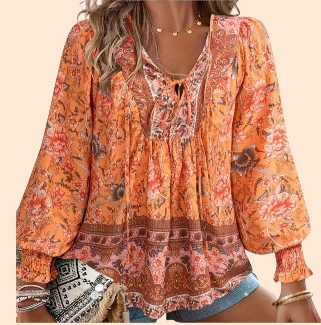 Orange Boho Blouse – Flowy V-Neck, Long Sleeves – Elegant Bohemian Style – Size XXL
