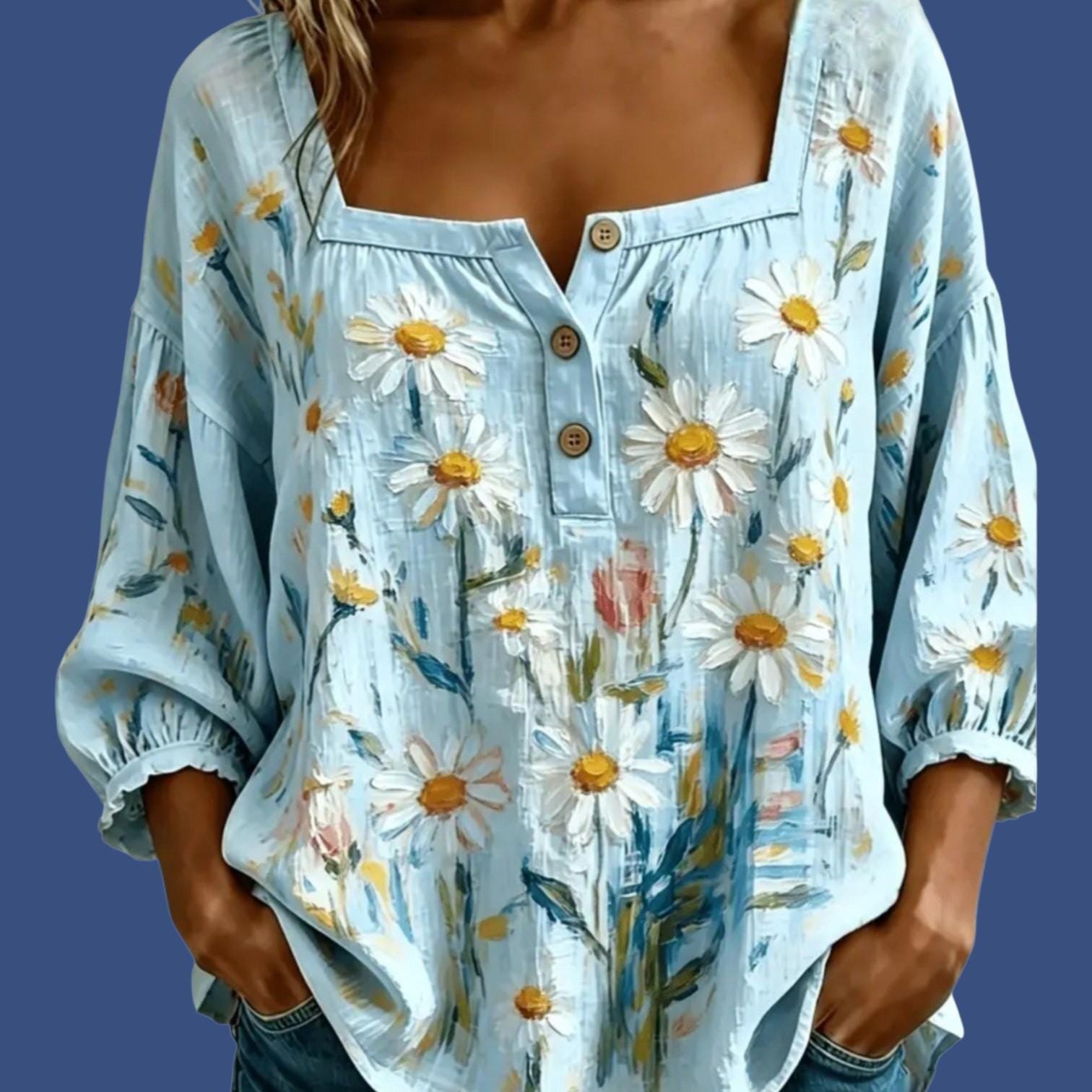 Women's Blue Daisy Print Boho Blouse | Square Neck 3/4 Sleeve Floral Top – Size L