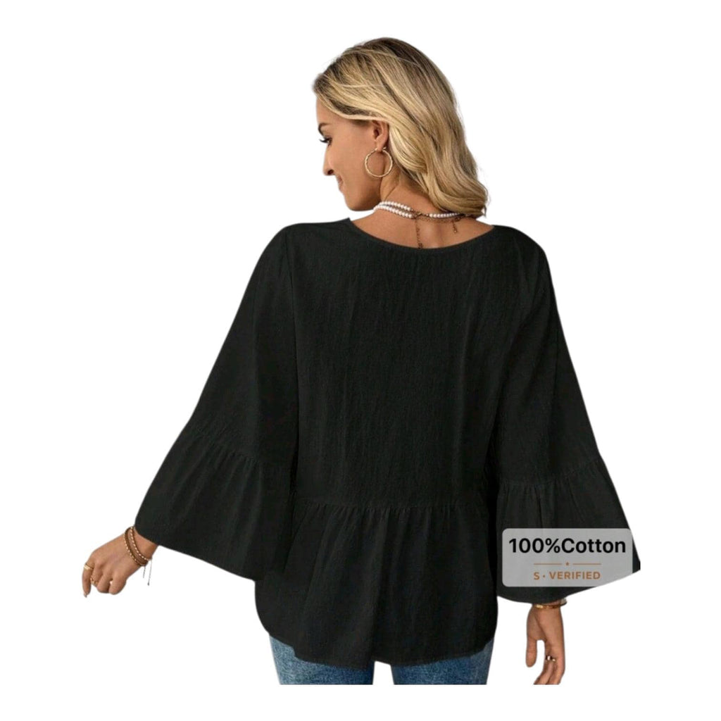 Boho 100% Cotton Black Blouse – Flowing V-Neck, Relaxed Fit | Size L