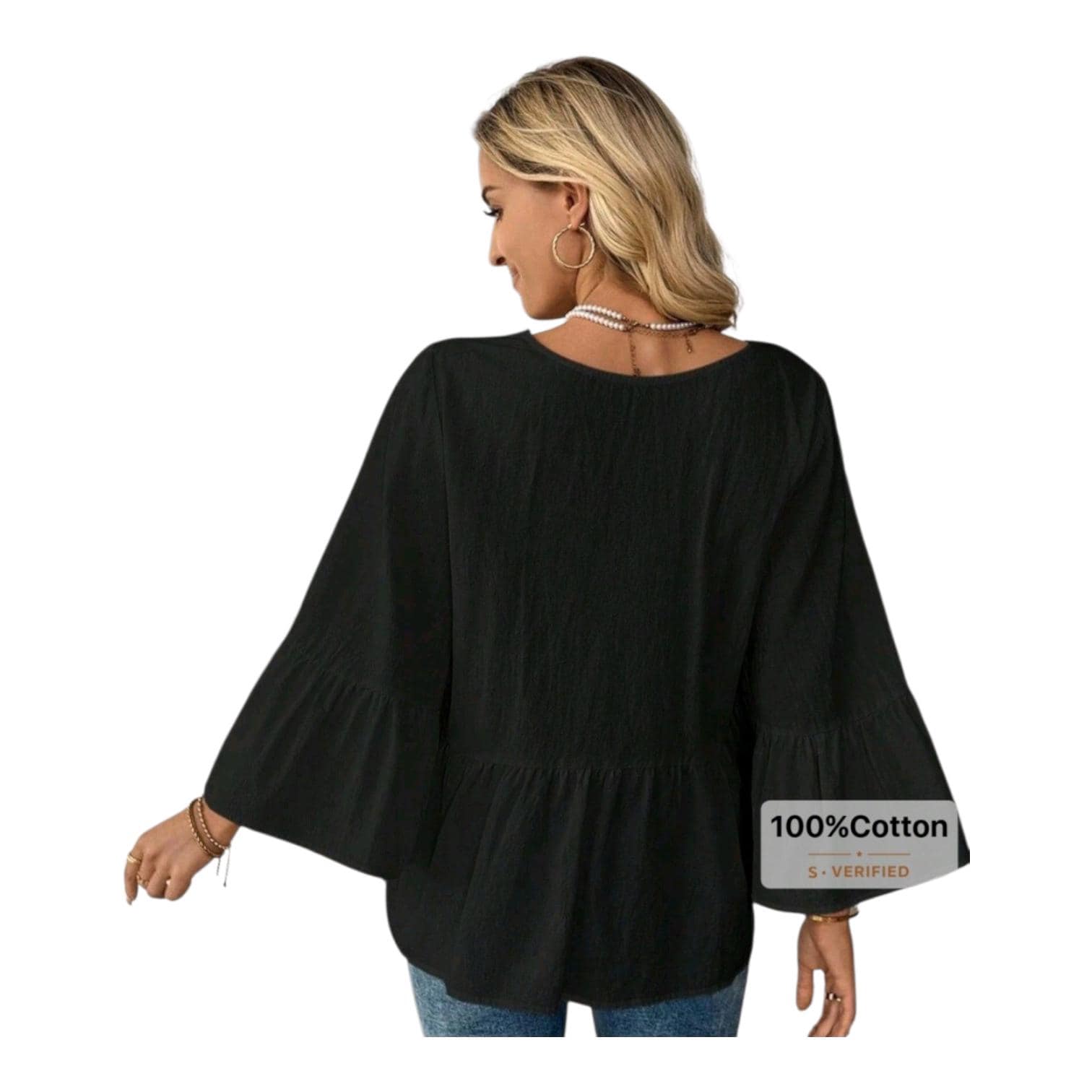 Boho 100% Cotton Black Blouse – Flowing V-Neck, Relaxed Fit | Size L