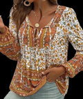 Women's Boho Brown Tunic | V-Neck Tie-Front Long Sleeve Top – Size XL