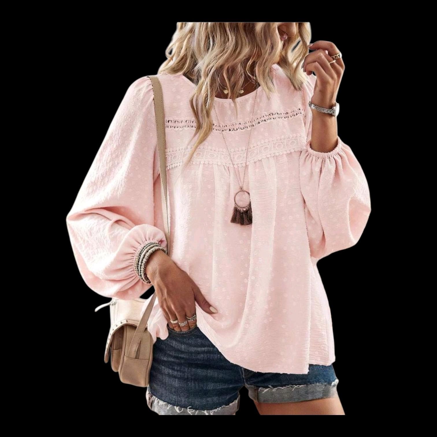 Bohemian Light Pink Blouse - Women's L Round Neck Long Sleeves with Lace Detail