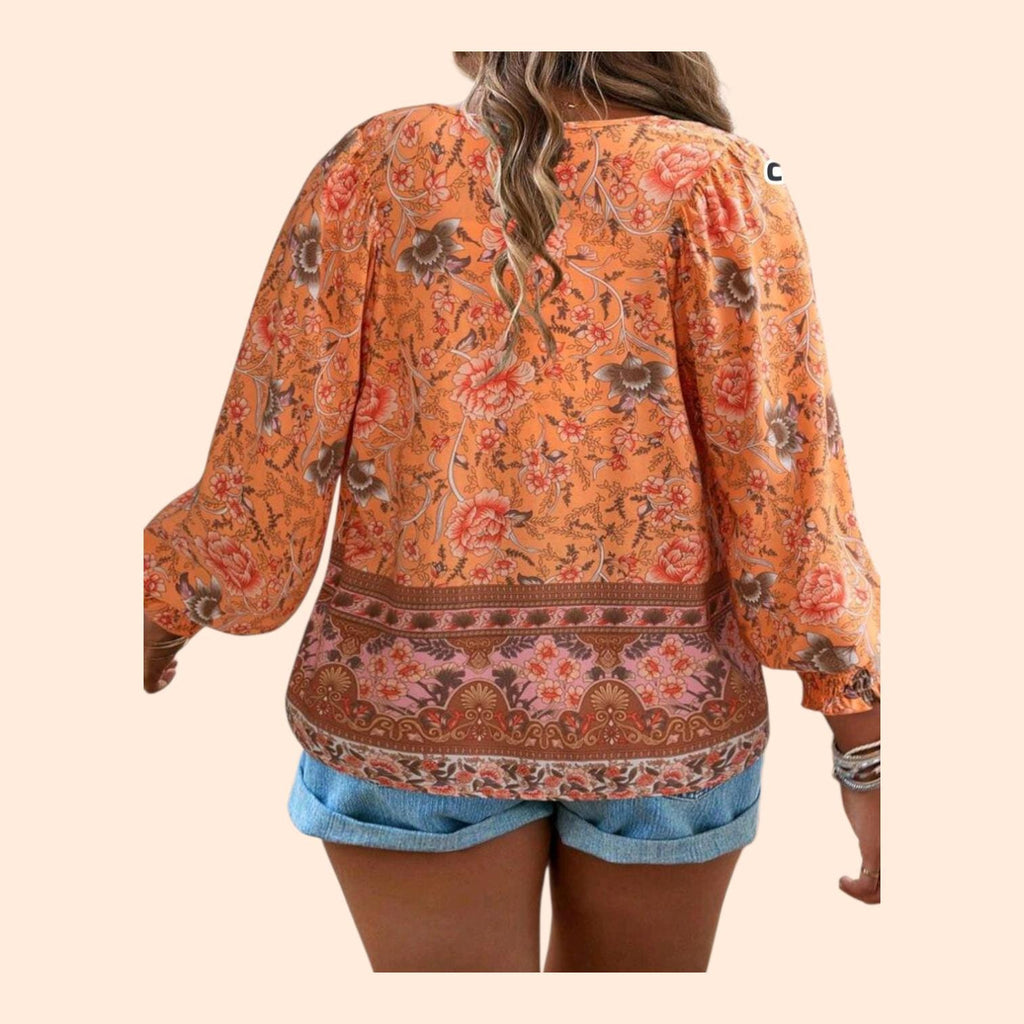 Women's Plus Size 4XL Boho Floral Blouse | Tangerine Orange Hippie Long Sleeve Top