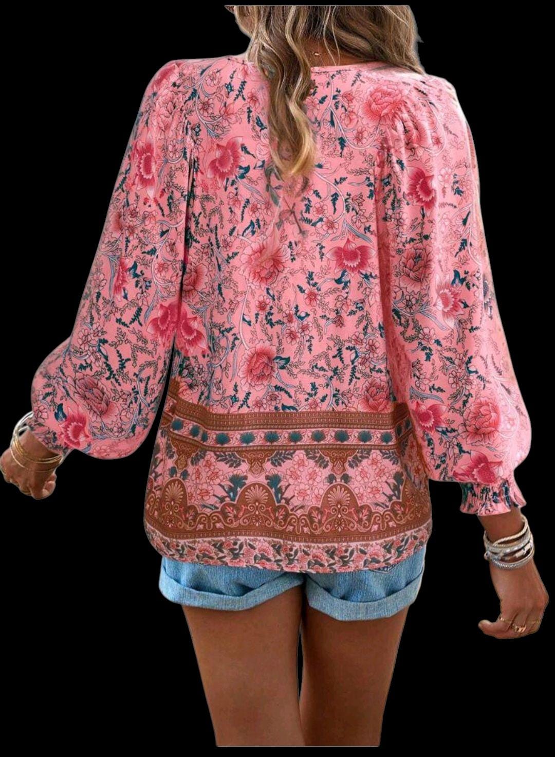 Women's Boho Pink Tunic Blouse | V-Neck Long Sleeve Flowy Top – Size XXL