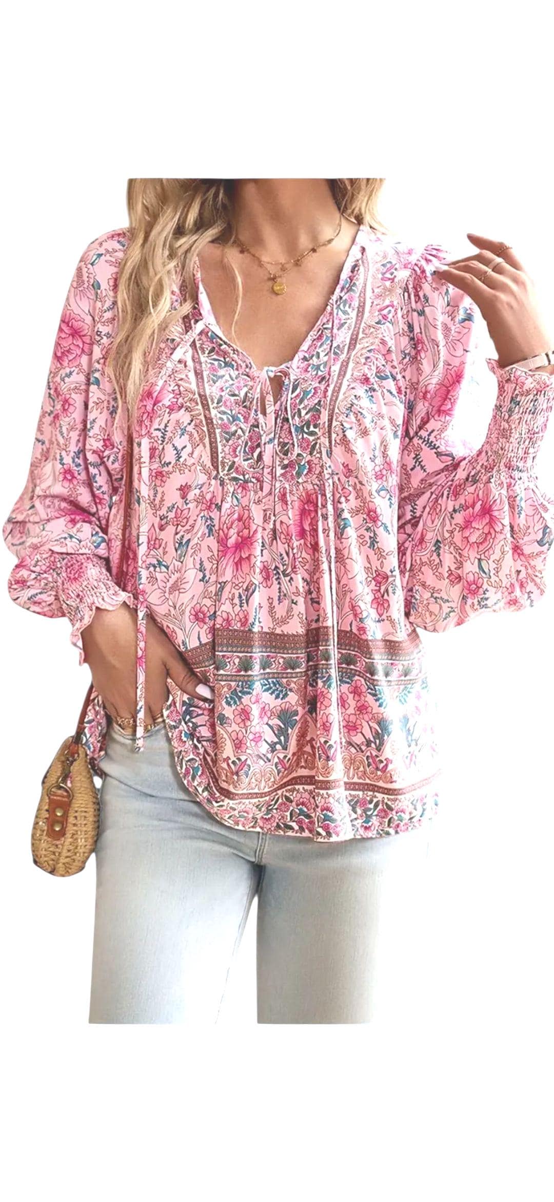 Women's Floral Boho Blouse | Relaxed Fit Babydoll Top, Long Sleeves, V-Neck – Size XXL
