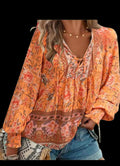 Bohemian Orange Flowy Peasant Blouse - Women's L Loose Fit V-Neck with Ties