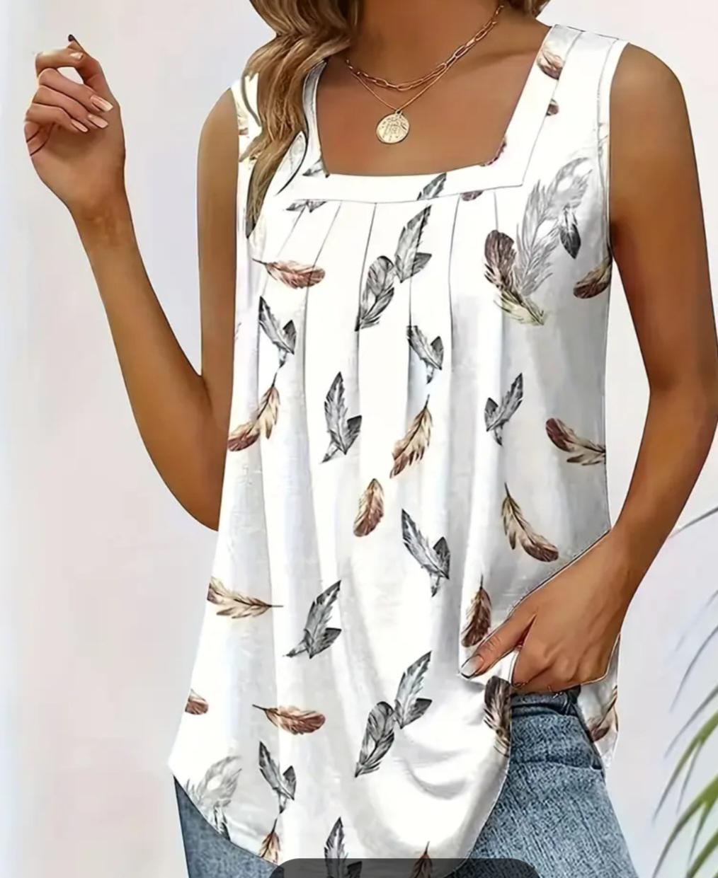 Boho (1XL) Women's Feather Design Henley Top Loose Sleeveless Hippie 70's Style
