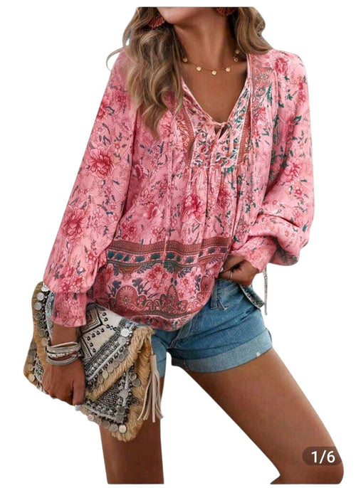 Bohemian Pink Flowy Blouse - Women's XL Loose Fit Peasant Top with Long Sleeves
