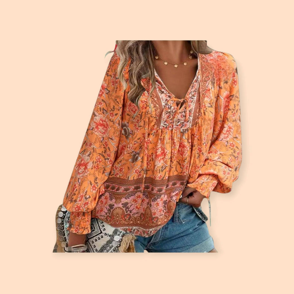 Women's Boho Floral Blouse | Long Sleeve Relaxed Fit Top – Size XL