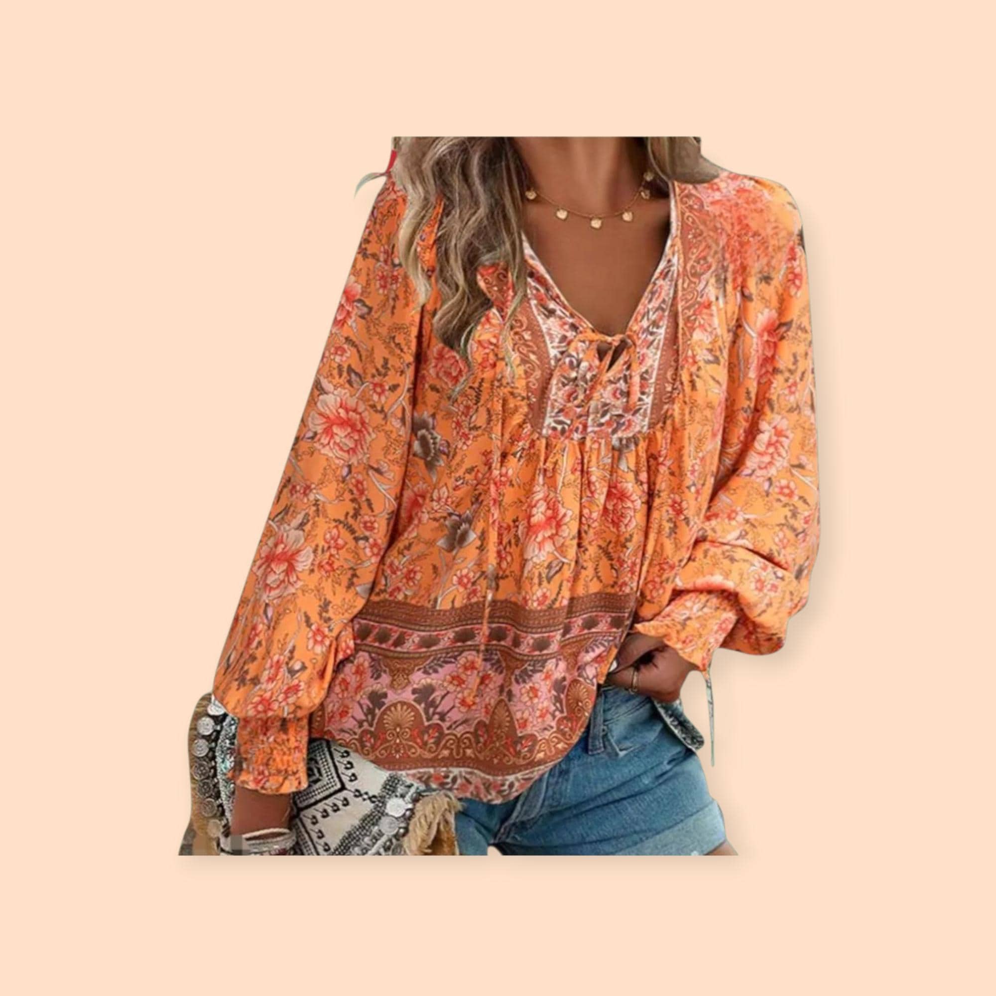 Women's Boho Floral Blouse | Long Sleeve Relaxed Fit Top – Size XL