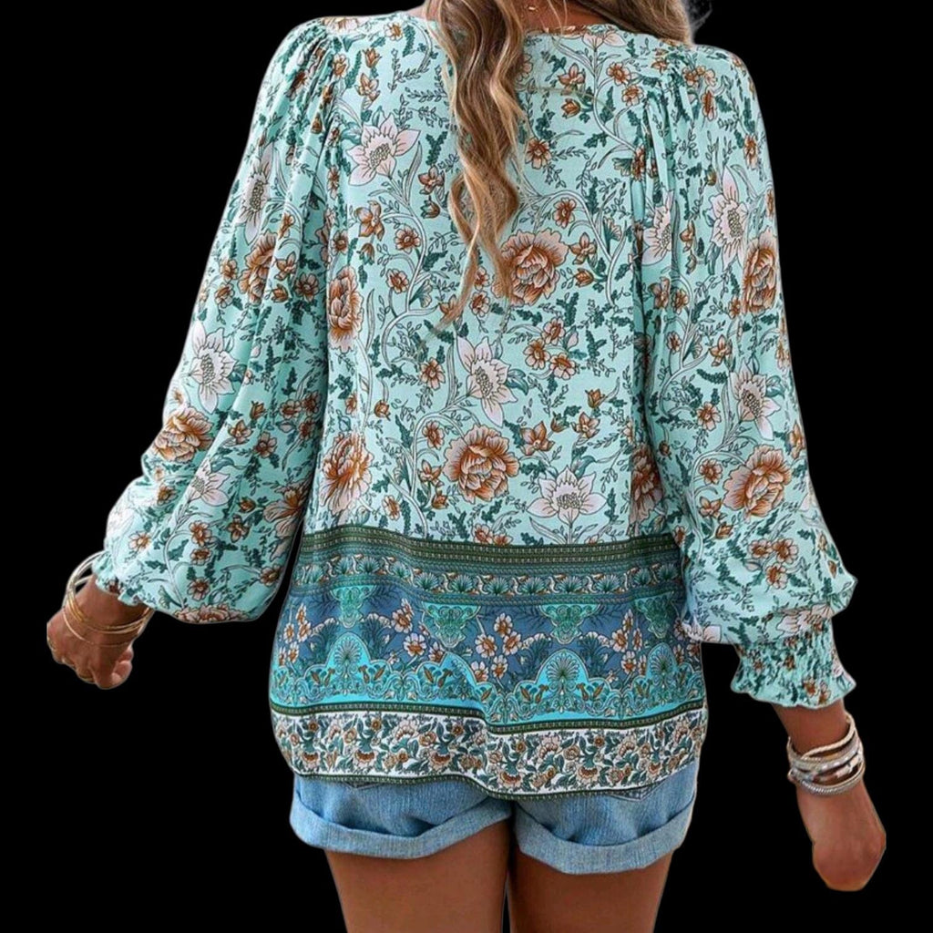 Blue Floral Boho Peasant Blouse – V-Neck with Lace-Up Ties, Long Sleeves – Elegant Bohemian Style – Size L
