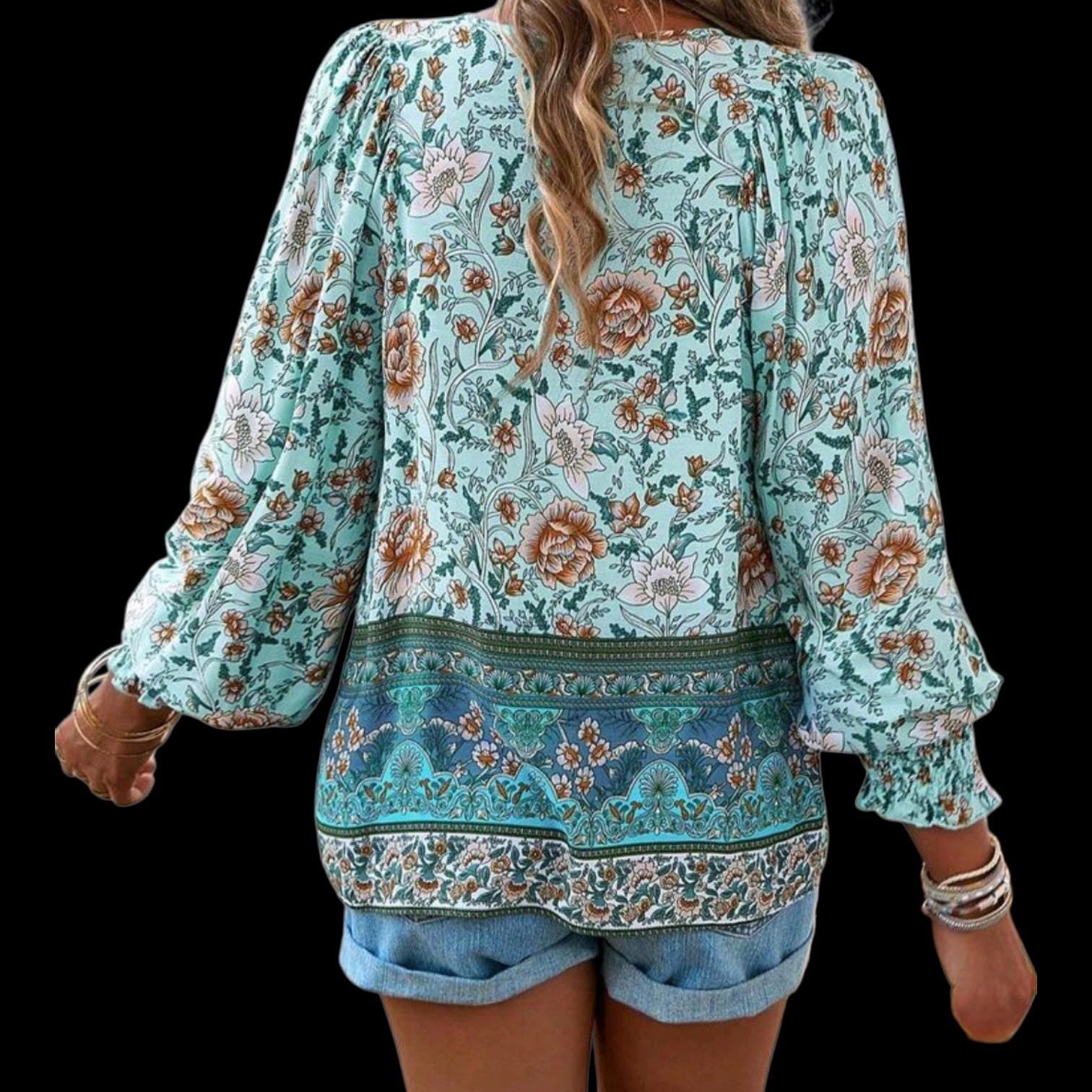 Sky Blue Boho Peasant Blouse – Women's XXL | Flowy, Comfortable & Elegant