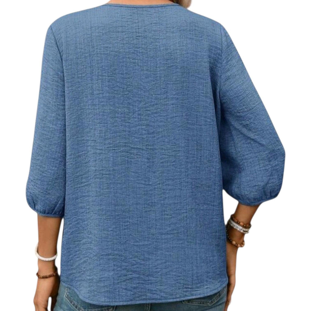 Women's Boho Blue Blouse | Lightweight V-Neck Flowy Top – Size XL